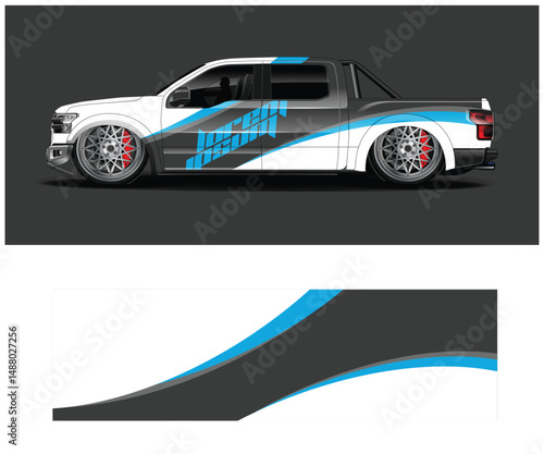 Custom Truck Wrap Design Template with Blue and Gray Stripes