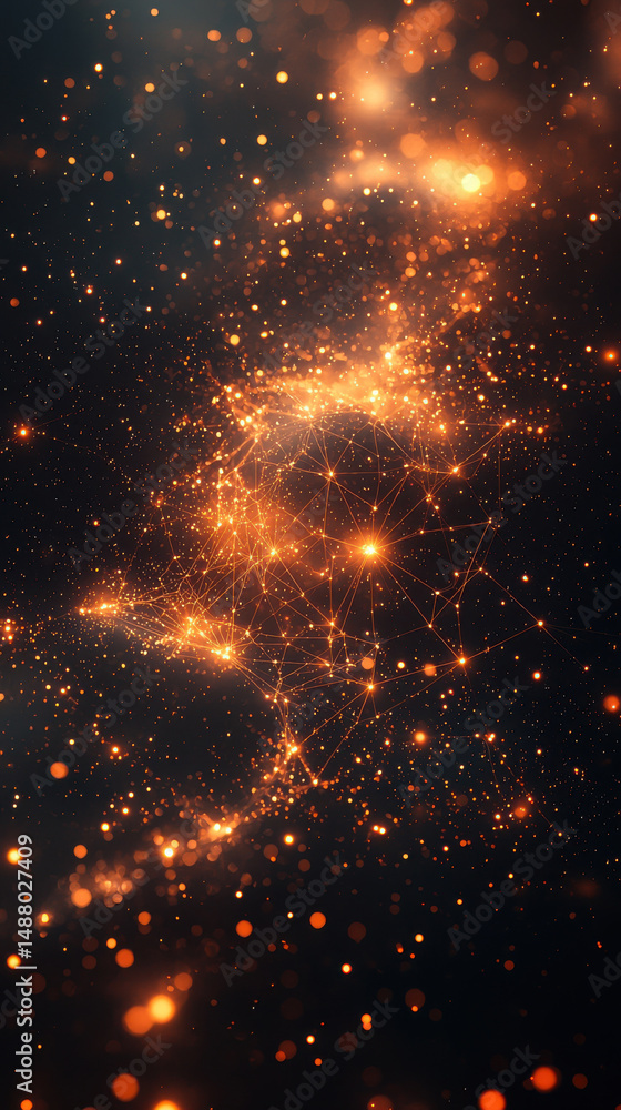 Obraz premium Stunning cosmic scene featuring glowing particles and interconnected lines, creating mesmerizing network of light in dark background