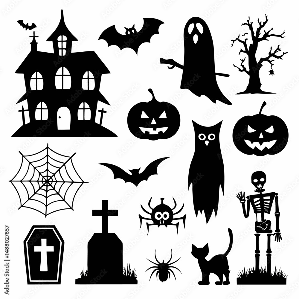 Spooky Halloween Silhouette Vector Set – Pumpkin, Bat, Witch Hat, Ghost & Haunted House Icons
Spooky Halloween Silhouette Vector Set – Pumpkin, Bat, Witch Hat, Ghost & Haunted House Icons
