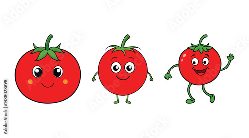 Bundle of cute tomato vector illustration on white background, set of cartoon tomato