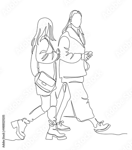 2 women talking and walking. Side view. Continuous line drawing. Black and white vector illustration in line art style.