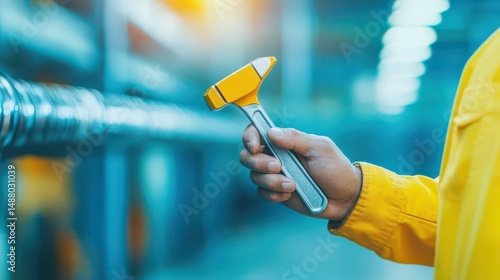 A person wearing a bright yellow jacket stands confidently while holding a matching yellow phone in a vibrant and lively urban environment reflecting joy