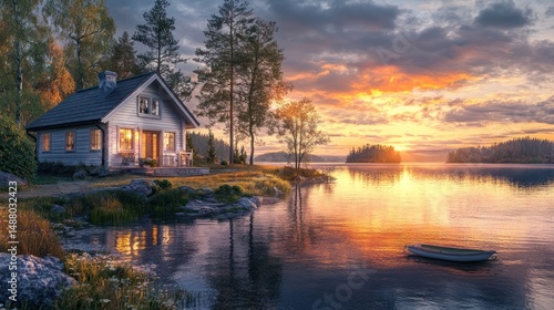 Idyllic Lakeside Cabin Retreat at Sunset with Reflective Waterscapes Serenity