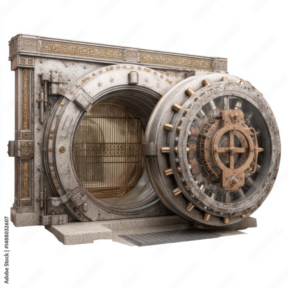 Obraz premium Vintage Bank Vault with Intricate Details and Open Door from a Historical Finance Era