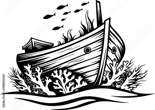 SVG vector of ocean biodiversity and vibrant marine life. Sunken Ship Wreck Surrounded by Coral Reef and Fish vectors