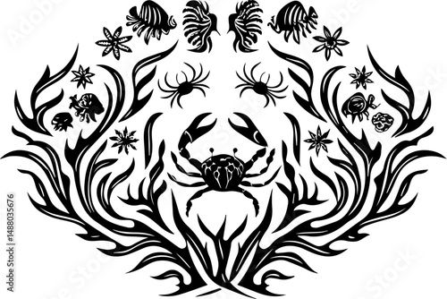 SVG vector of ocean biodiversity and vibrant marine life. Intricate Black Silhouette of Marine Life in Floral Design