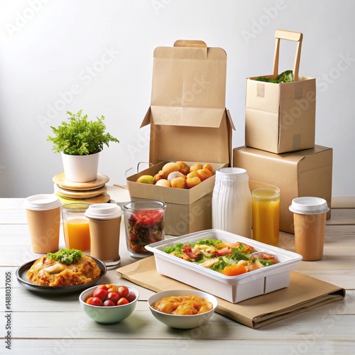 Variety of brown cardboard and disposable food containers and tableware for takeout or delivery