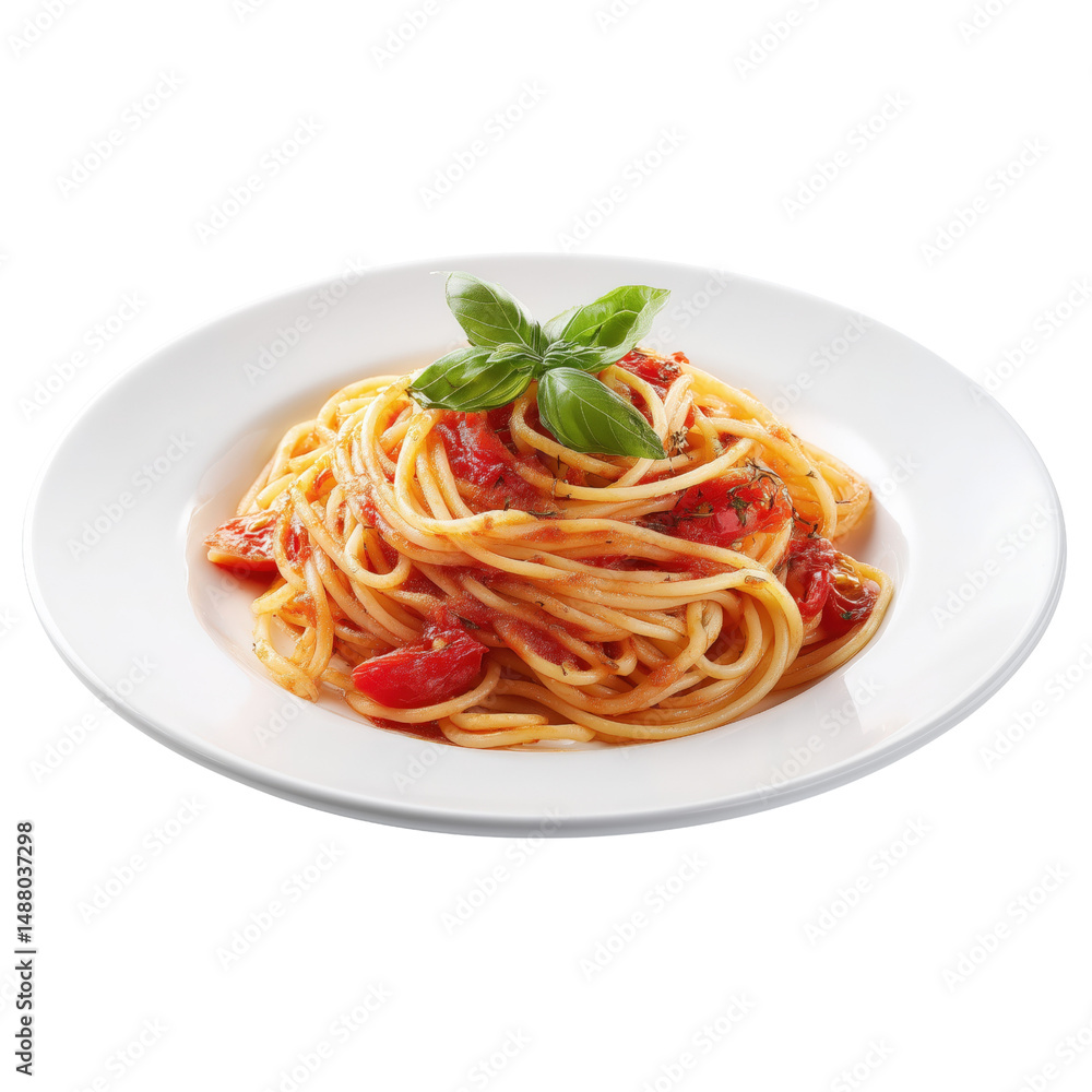 Plate of spaghetti with tomato sauce and fresh basil, isolated on white background Plate of spaghetti with tomato sauce and fresh basil, isolated on white background