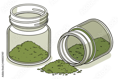 136 photograph of two glass jars filled with green powder, photo-realistic, high resolution, detailed, studio lighting, white background