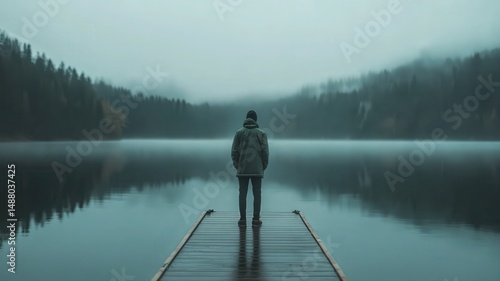 Person Contemplating on a Foggy Lake Dock