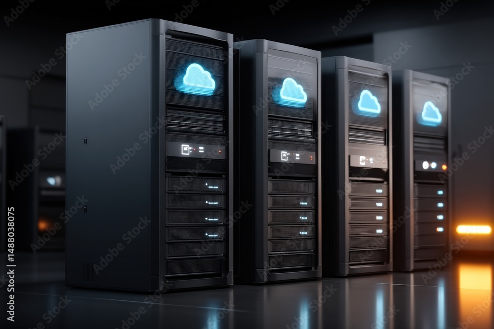 Four modern server racks with glowing cloud icons, representing cloud computing and data storage in a high-tech, secure data center. Four modern server racks with glowing cloud icons, representing cloud computing and data storage in a high-tech, secure data center.
