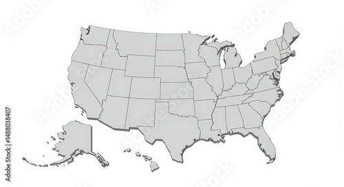 United States Map Outline with States, Isolated on White