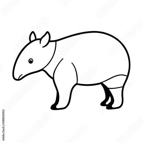 Baby Tapir Side View Line Art Drawing