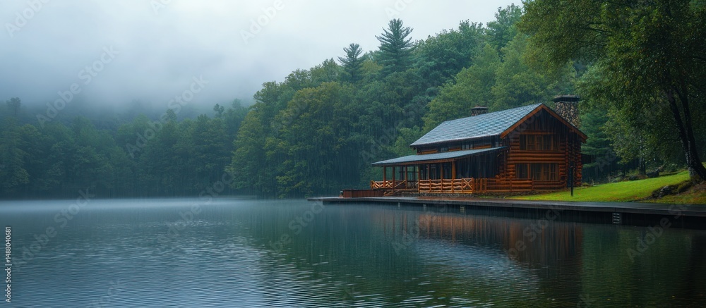 Fototapeta premium Lake Cabin in Forest on Rainy Day
