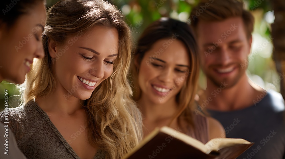Smiling Friends Reading a Book Outdoors in Sunshine Smiling Friends Reading a Book Outdoors in Sunshine