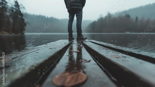 Person Standing on a Wet Dock Overlooking a Serene Lake on a Misty Day