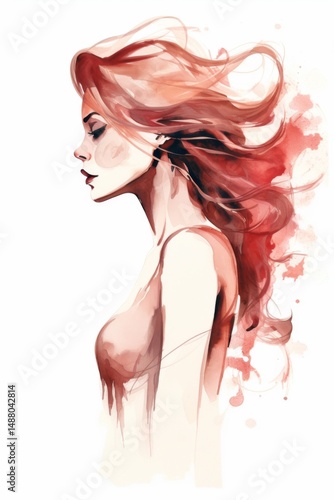Watercolor portrait of a beautiful woman with flowing red hair. Elegant, artistic style. Fashion illustration