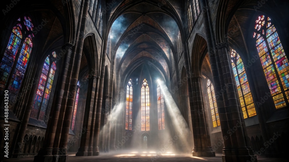 Sunlight streams through stunning stained glass windows, illuminating the high ceilings and intricate architecture of a gothic cathedral during early morning hours, creating a serene atmosphere Sunlight streams through stunning stained glass windows, illuminating the high ceilings and intricate architecture of a gothic cathedral during early morning hours, creating a serene atmosphere
