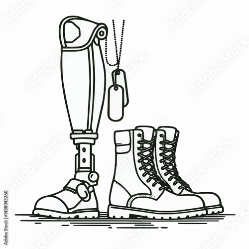 Military boots and a prosthetic leg with dog tags on a light background - Veterans Day tribute
