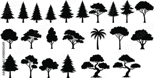 Global Tree Species Silhouettes in Black Vector Form Including Tropical and Temperate Trees for Creative Design Projects