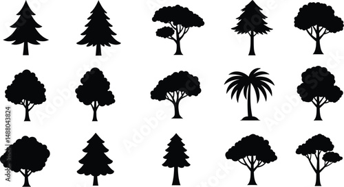 Minimalist Tree Silhouette Vector Set Featuring Coniferous, Deciduous, and Tropical Species in Bold Black Outline Style