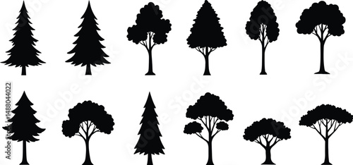  Professional Tree Silhouette Vector Set with Simplified Outlines and No Internal Detail, Ideal for Web or Print Projects