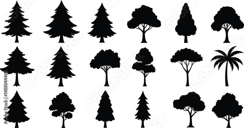 PrintComprehensive Vector Tree Silhouette Pack with Scalable, Bold Designs in Pure Black for Maximum Versatility and Recognition