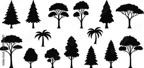 Essential Tree Silhouette Vector Set with Pure Black Outlines and Simplified Tree Canopy Shapes for Modern Graphic Design Use