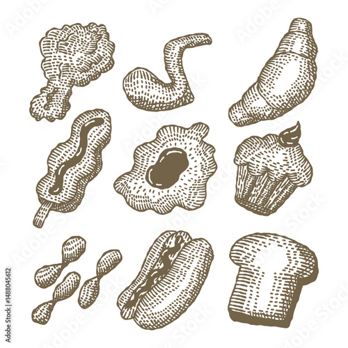 Hand-drawn sketch illustration of assorted snacks and baked goods in a vintage monochrome style. This vector artwork includes a croissant, muffin, hot dog, toast, twisted snacks, fried food on sticks.