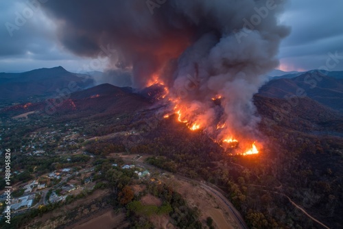 Aerial View of Massive Wildfire Spreading Through Dry Forest Dark Smoke Plumes Glowing Fire Line Environmental Catastrophe AI Generated