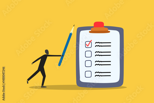 Businessman with pencil and checklist clipboard. concept of Task checklist, clipboard with to do list checkmark, task management to track work completion, accomplishment, survey or questionnaire