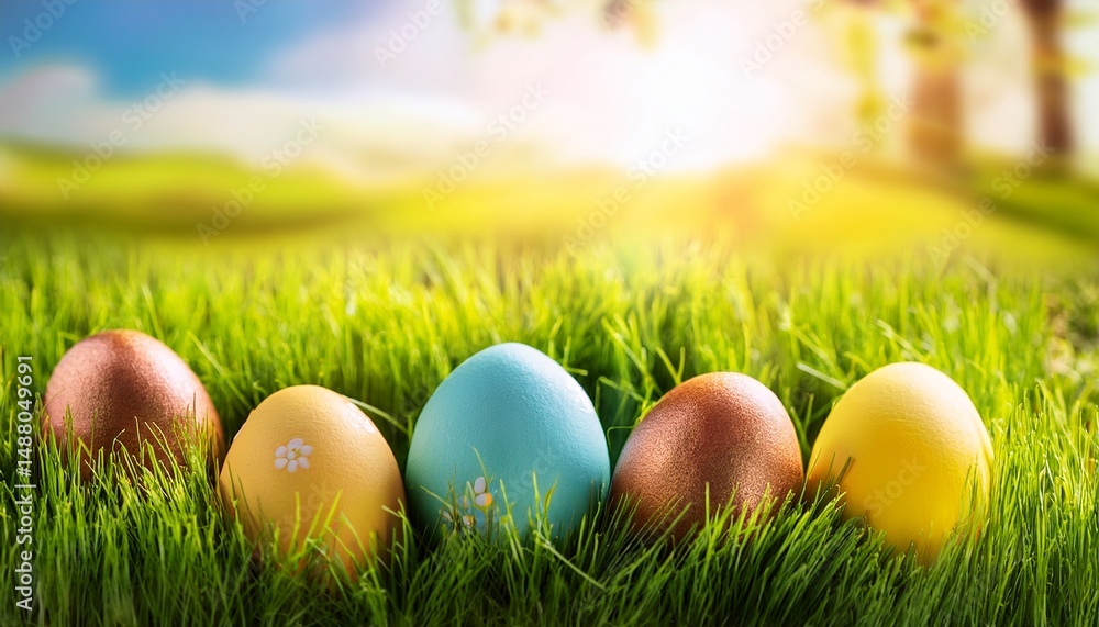 easter eggs in the grass on a sunny background spring natural background