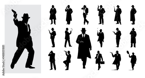 Classic mafia gangster silhouette vector set with vintage suits, hats, guns, smoking poses, and stylish crime character designs