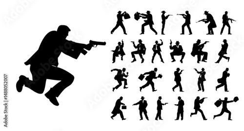 Gangster man silhouette set with guns, running, briefcase, and vintage mafia action poses