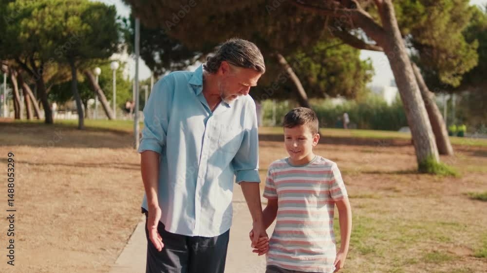 Grandfather and grandson hold hands and walk in the park. They are talking and smiling. Family bonding. Grandfather and grandson hold hands and walk in the park. They are talking and smiling. Family bonding.