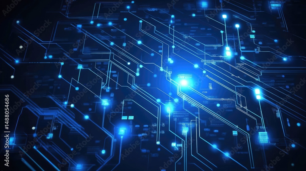 Abstract glowing blue circuit board lines and nodes, digital technology background Abstract glowing blue circuit board lines and nodes, digital technology background