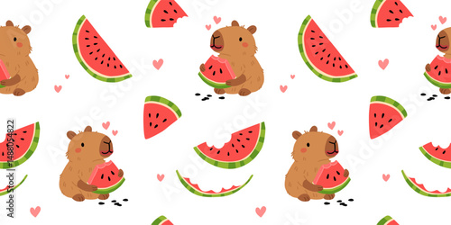 Cute capybaras and watermelons seamless pattern. Flat vector cartoon illustration. Summer background.