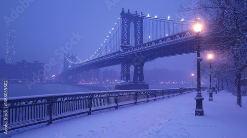Manhattan Bridge in Winter Snowfall with City Skyline and Lights