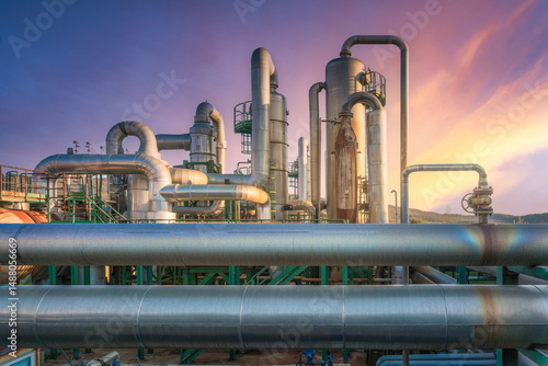 Geothermal energy. Pipeline of a plant at sunset in Larderello, Tuscany region, Italy
