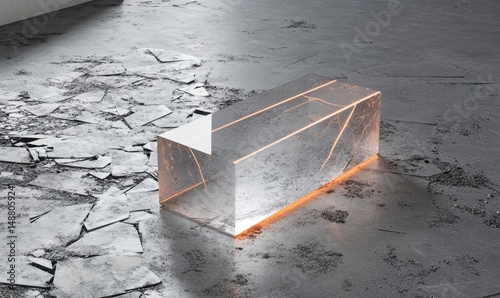 Glowing glass cube on cracked concrete floor