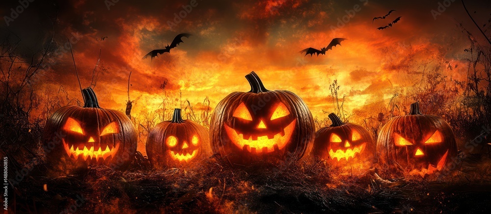 Fototapeta premium Halloween Pumpkins and Bats Against a Fiery Sunset
