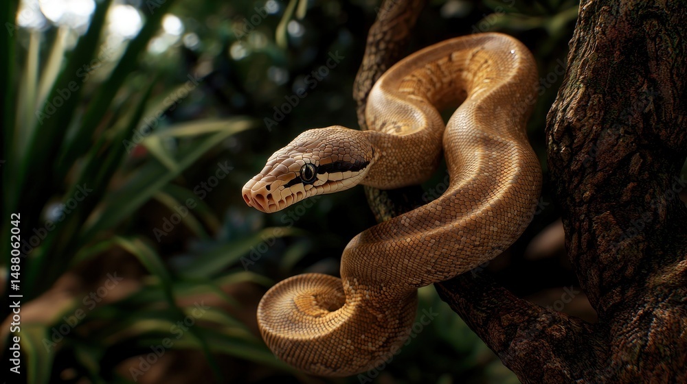 Obraz premium Close-up of a golden python resting on a tree branch amidst lush green foliage