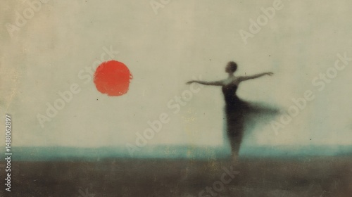 Silhouette of ballerina with red sun on blurry background. Artistic dance scene with minimalist style. Ballet performance concept with mystical atmosphere for art print and greeting card