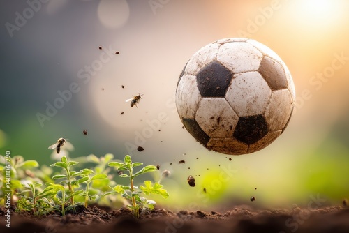 Soccer Ball Bouncing Above Fresh Green Plants with Sunlight and Dirt Flying in an Outdoor Field
