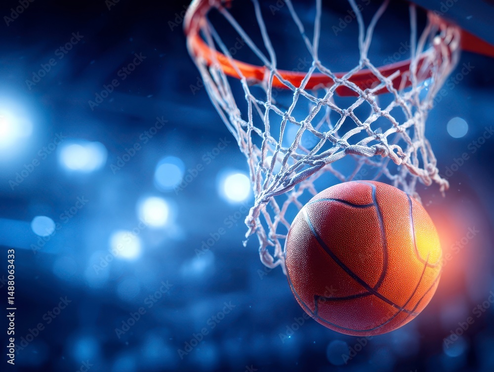 Basketball Ball Swishing Through the Hoop During an Intense Indoor Game at a Competitive Event Basketball Ball Swishing Through the Hoop During an Intense Indoor Game at a Competitive Event