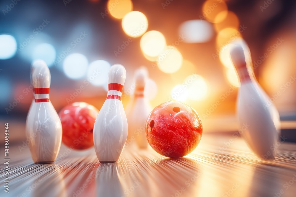 Naklejka premium Bowling Scene with Striking Pins and Colorful Ball During Game Night with Dynamic Bokeh Background
