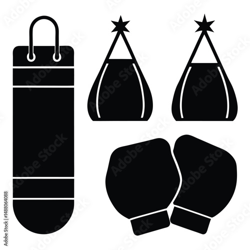 Boxing Equipment Icons Punching Bag, Gloves, and Speed Bags