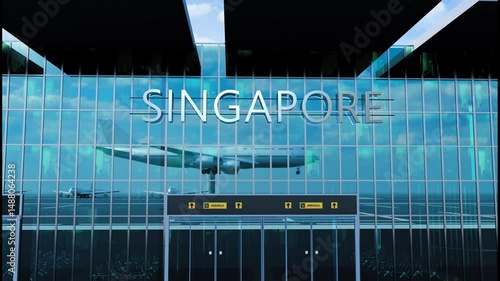 Airlane landing at Singapore. Arrival in the city with reflection of airport and aircraft