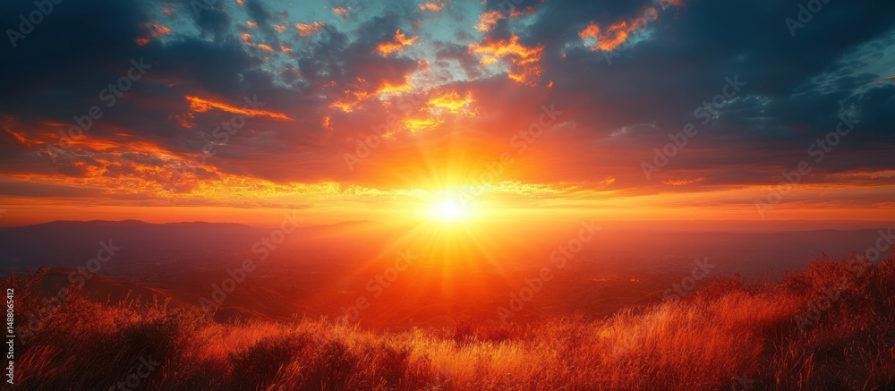 Fototapeta premium Fiery Sunset Over Hill