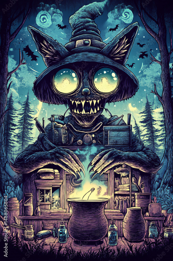 Obraz premium A witch's cottage deep in the forest with bubbling cauldrons, flying potion bottles, and a familiar black cat with eyes that glow an unnatural green in the darkness